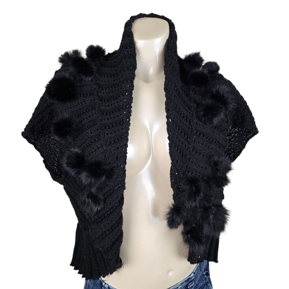Pristine Fur Pom Pom Cardigan Sweater XL Black Whimsigoth Fairy Grunge Coquette